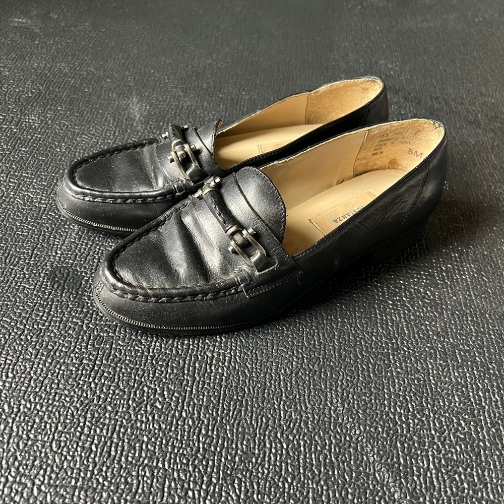 Sostanza Womens Black Leather Horsebit Loafers Silver Hardware Size 5M Classic